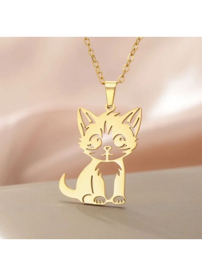 قلادة ذهبية على شكل قطة، تعليقة قطة صغيرة لطيفة، سلسلة من الفولاذ المقاوم للصدأ، مجوهرات حيوانية - Image 1